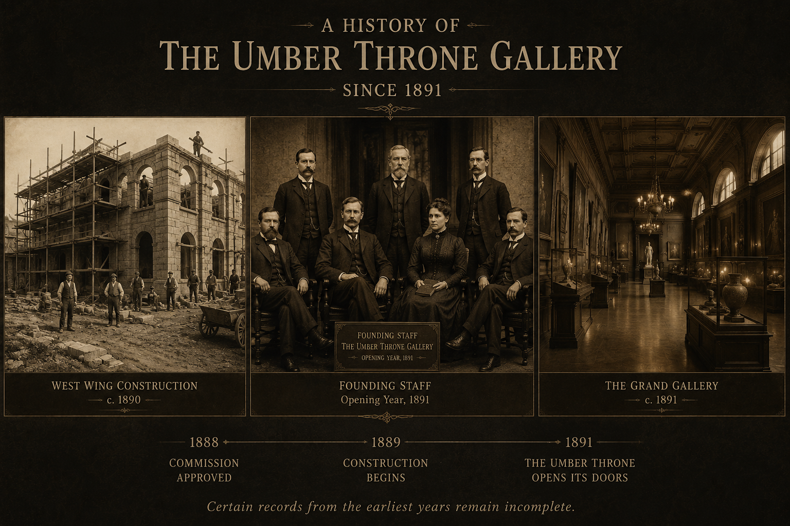 A historical overview showing West Wing construction, the founding staff, and the Grand Gallery interior