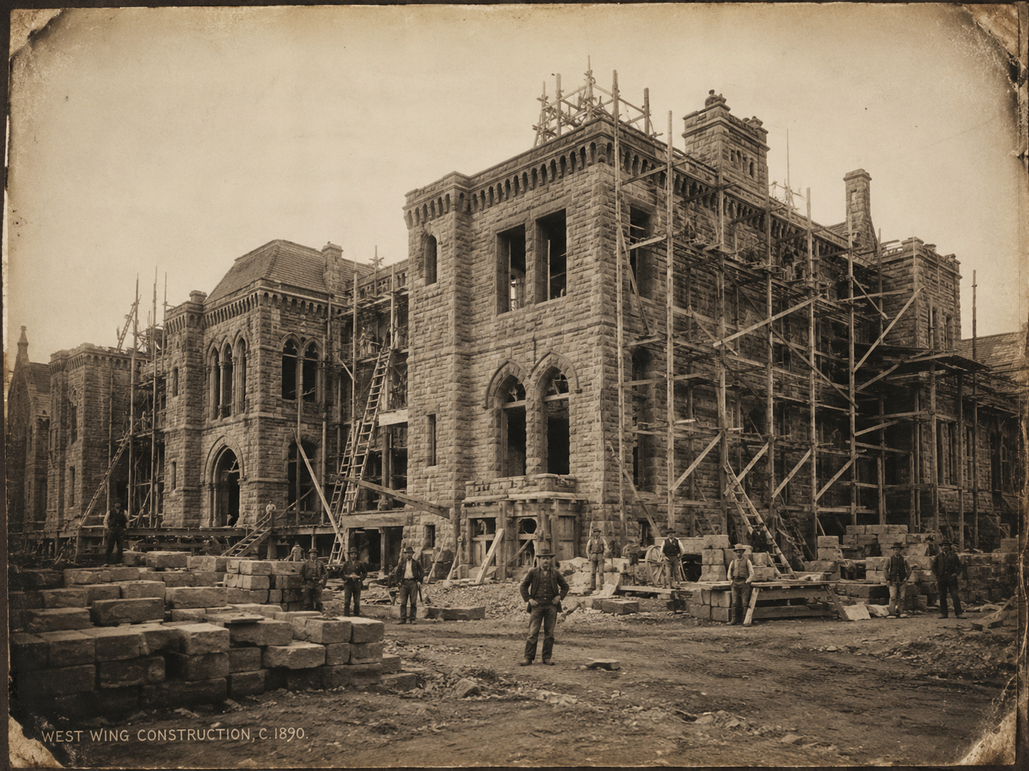 Workers, scaffolding, and stonework during construction of the Gallery's West Wing around 1890