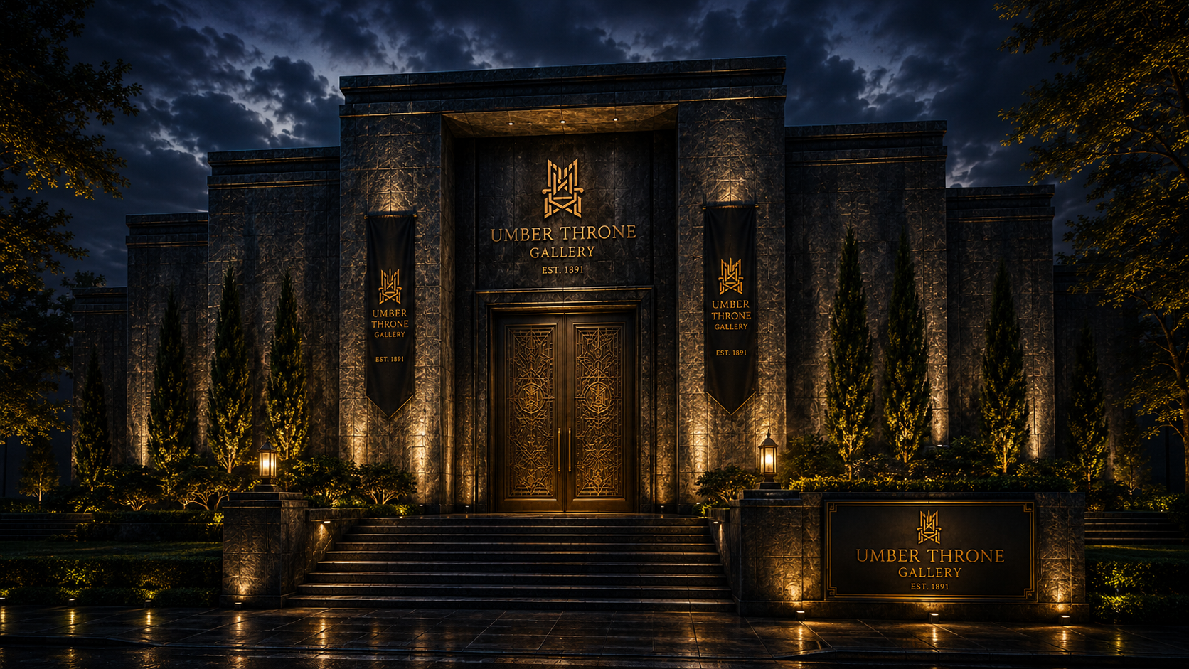 The monumental dark-stone exterior of The Umber Throne Gallery with its closed ornate bronze double doors
